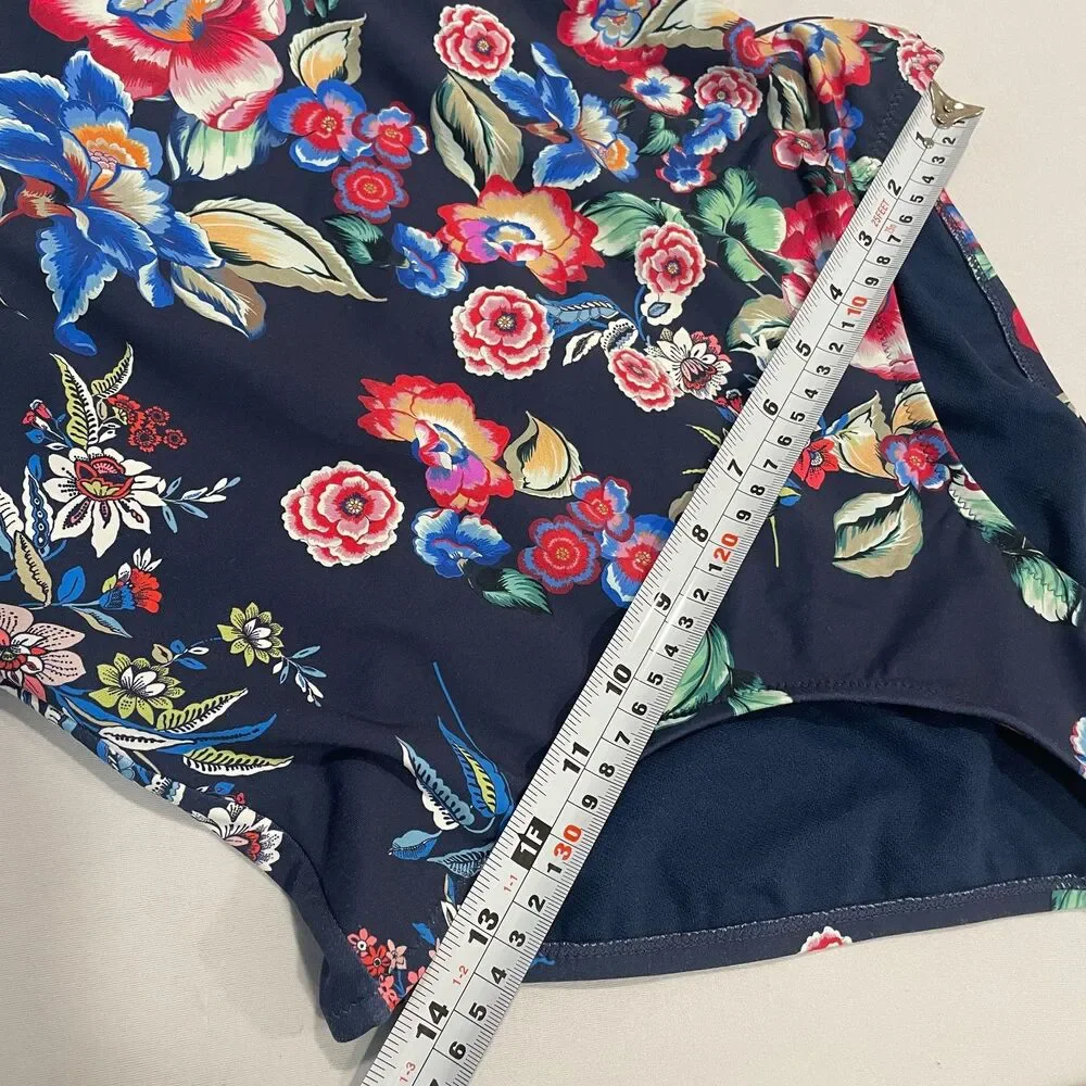 ~ Johnny Was Lg Swimsuit 1-Piece Navy Floral Tank Lace-Back Strappy Large 10/12 - Picture 9 of 16